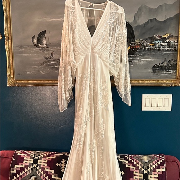 ASOS Beaded Wedding Dress | Kimono Sleeves | Boho Bridal Gown | size S-M (long) - Picture 3 of 16